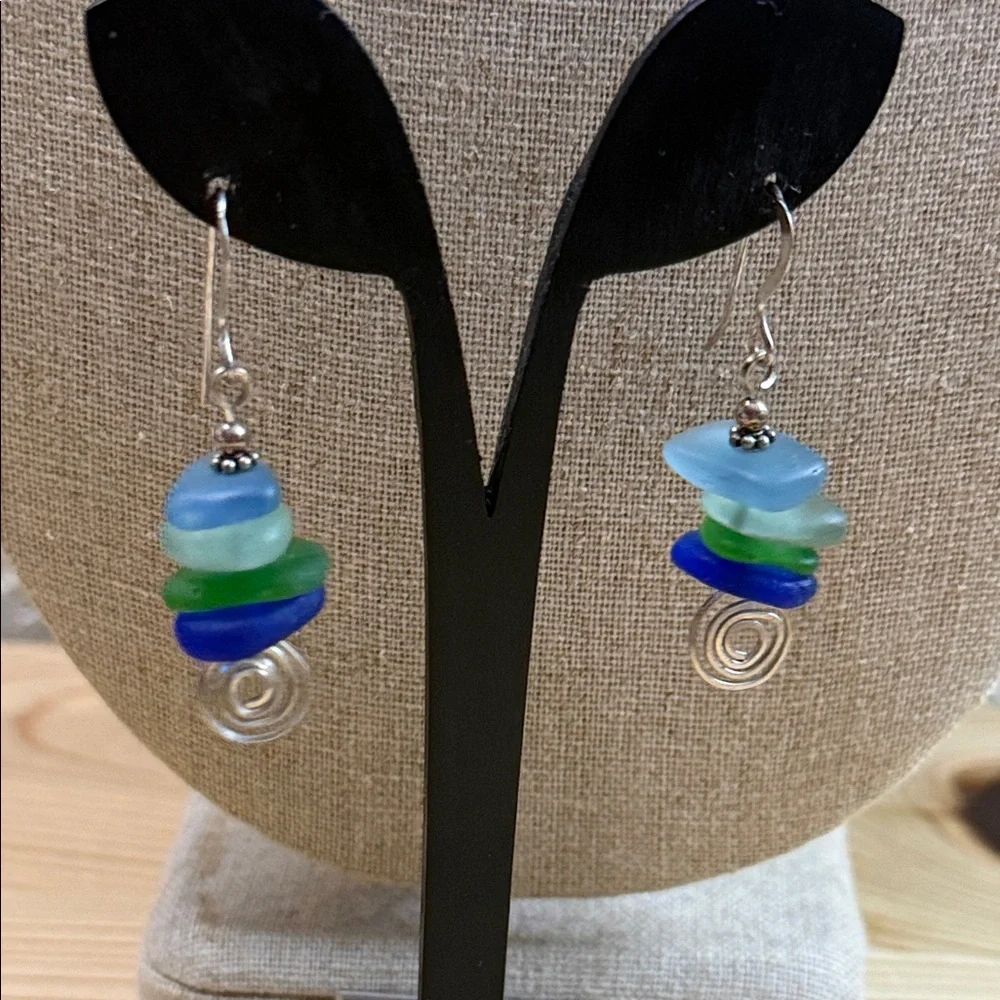 Fashion Jewelry Blue and Green Sea Glass Earrings - Picture 1 of 4